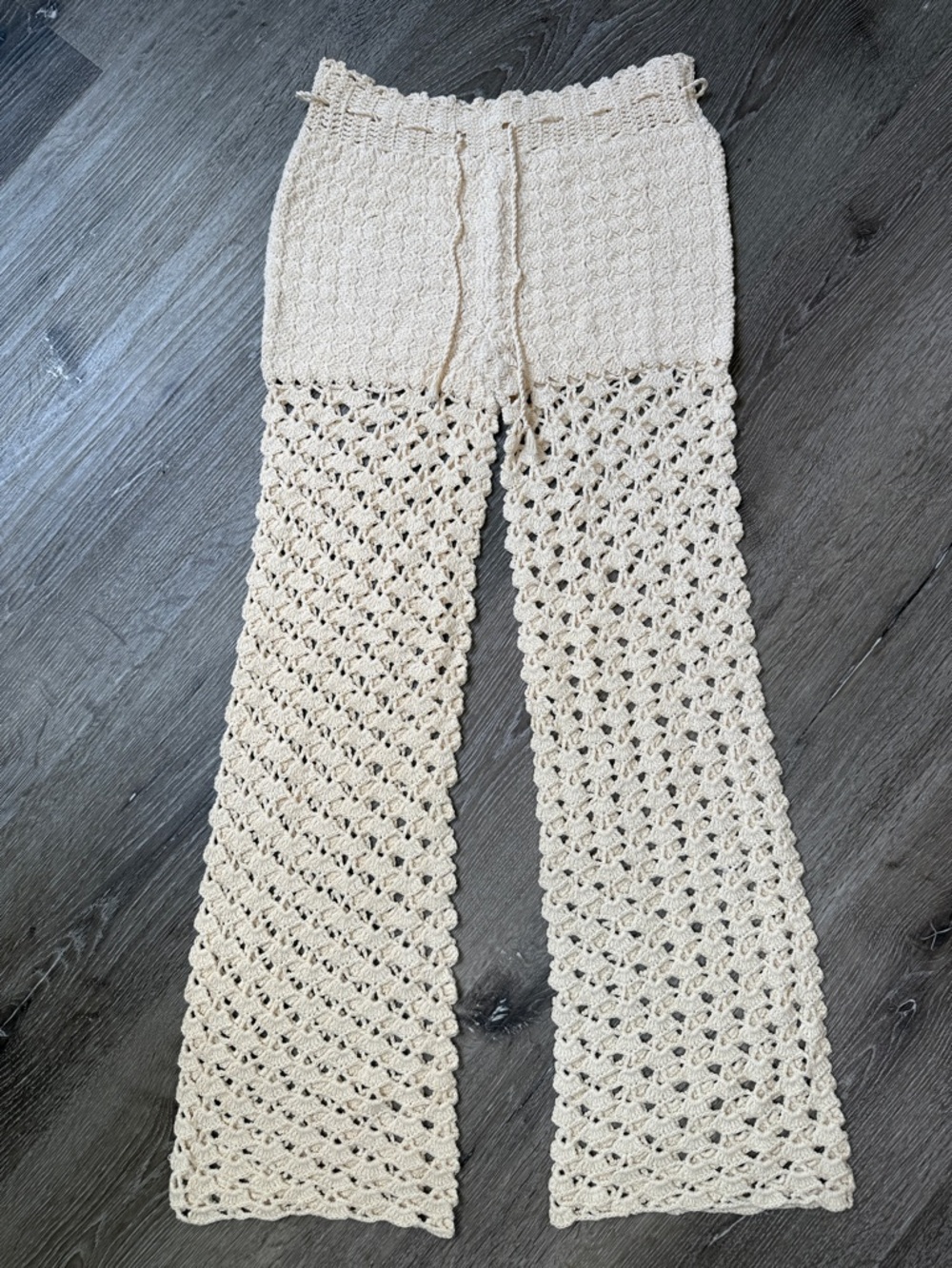 Boho Crochet Flare Pants XS S Festival Beach Cover Up Bell Bottom Cream Handmade